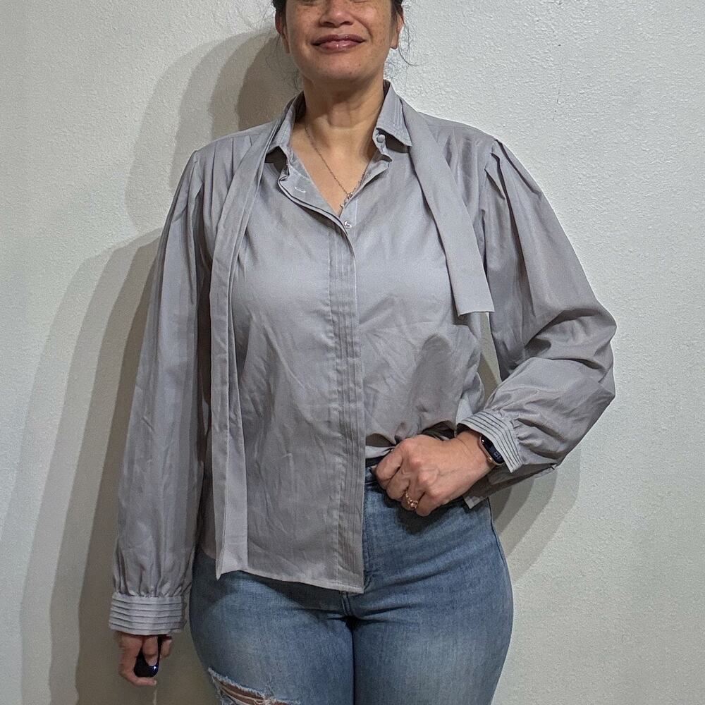 Josephine 80s Vintage Gray Tie Neck Pleated Long Sleeve Blouse Sz 14
